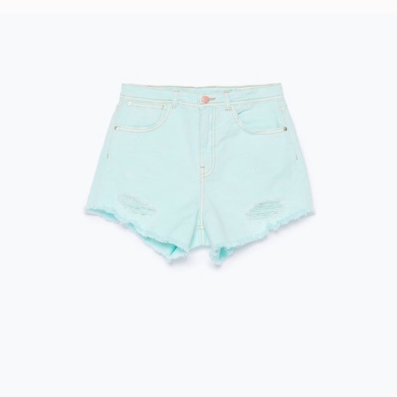 Zara Mint-Light Green High-Waist Denim Mom Shorts - Picture 2 of 6